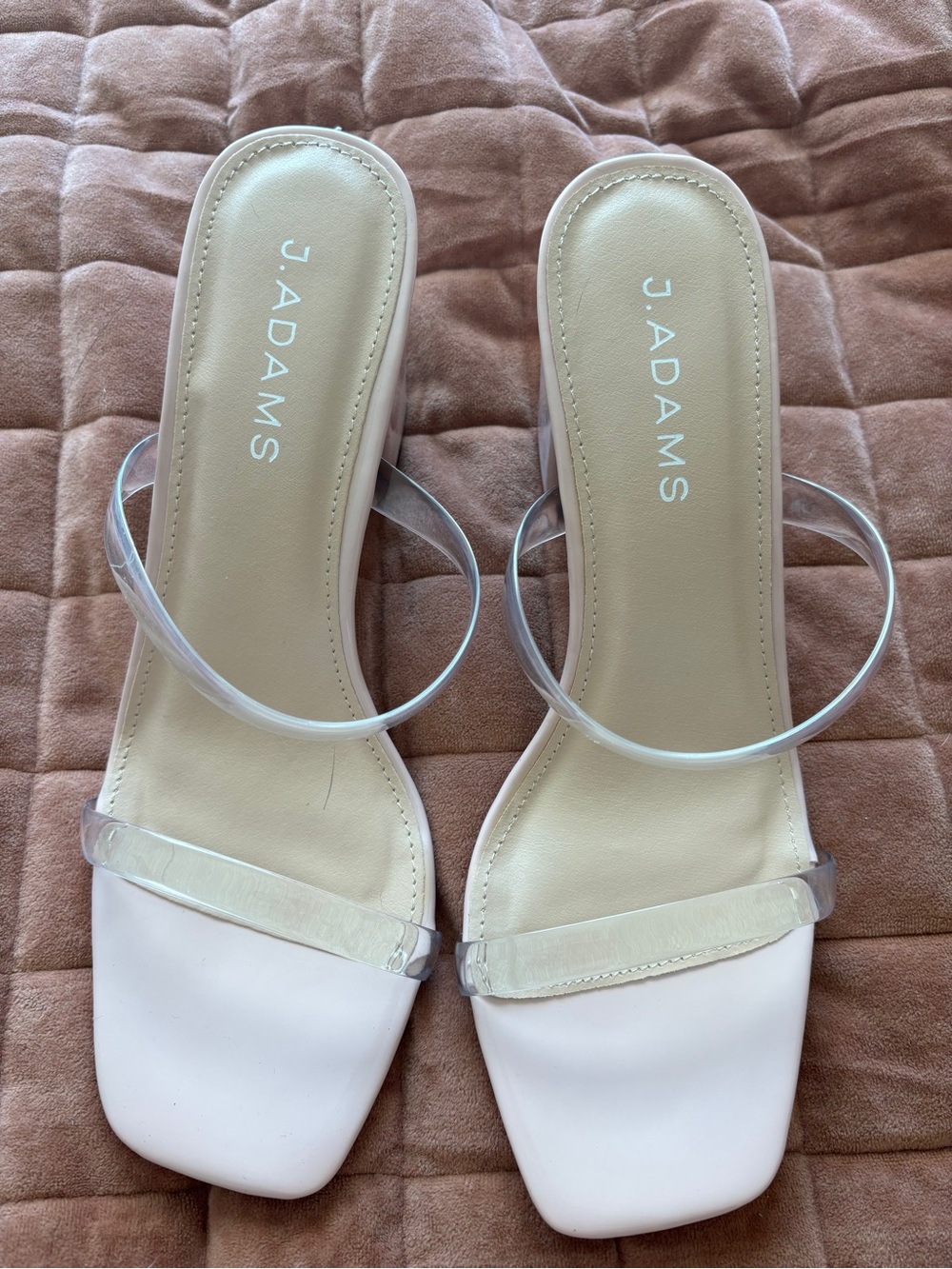 J. Adams Cream Square-Toe Clear-Strap Block Heels